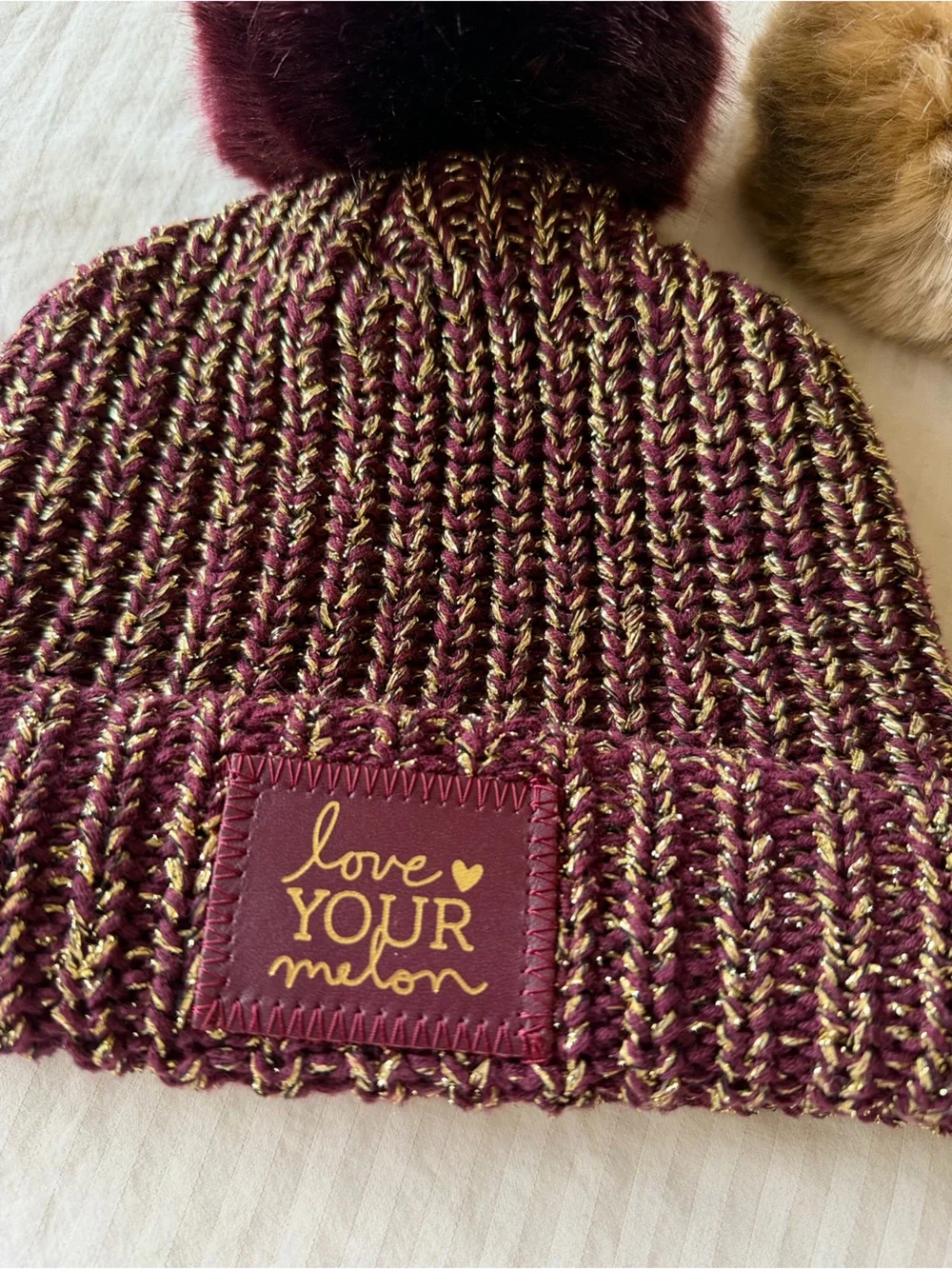 Love Your Melon Burgundy and Gold Knit Pom Beanie with Extra Pom